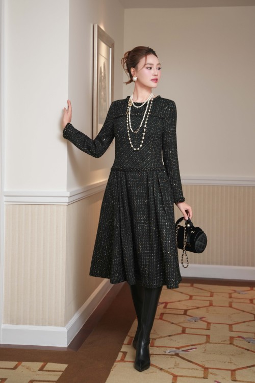 Sixdo Black Tweed Flared Dress